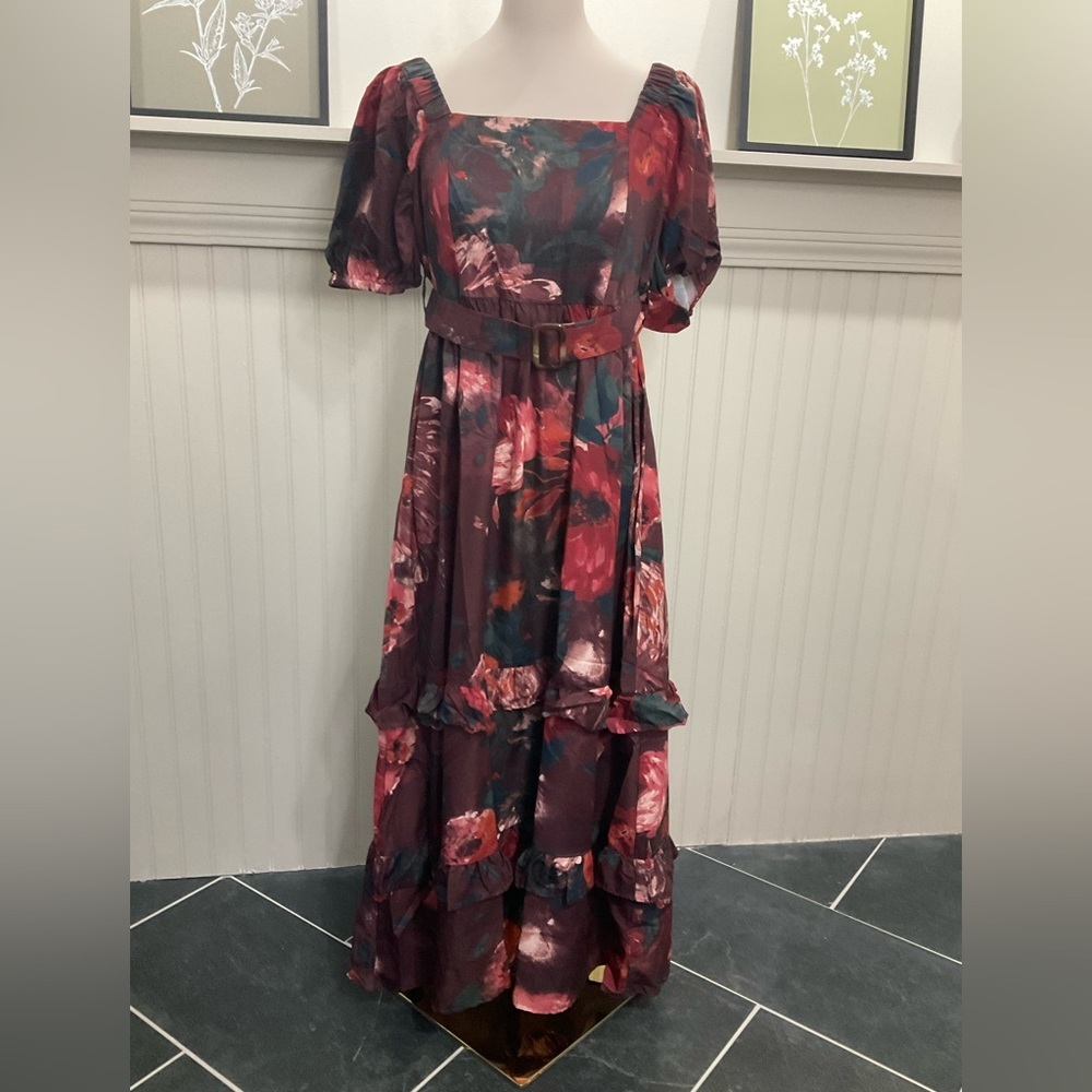 US Together Floral Maxi Dress Smocked Back Puff Sleeve Boho Cottagecore L